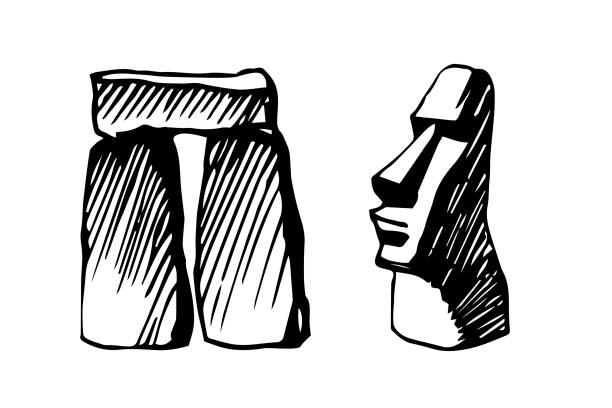 posąg z wyspy wielkanocnej i element stonehenge. egzotyczne zabytki turystyczne. czarnym tuszem. - easter island moai statue chile sculpture stock illustrations