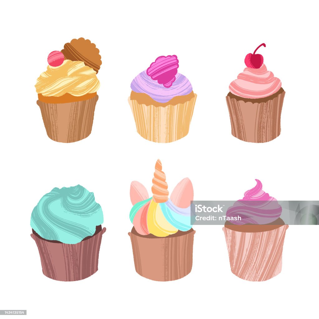 Set Of Cartoon Colorful Cupcakes Сollection Different Cakes With Icing And  Toppings Stock Illustration - Download Image Now - iStock