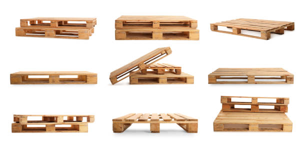 istock Set with wooden pallets on white background. Banner design 1434136231