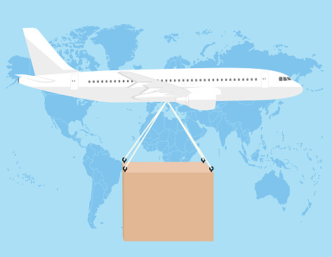 A flat color commercial style airplane flying over a world map.