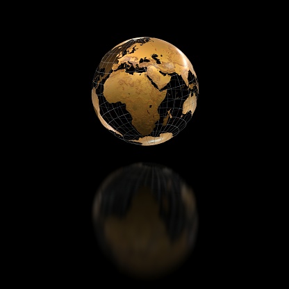 golden earth globe metallic finish black background - 3D rendering