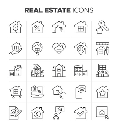 Set of 25 real estate icon set. Realty, property, home loan, houses, mortgage and more symbol collection.