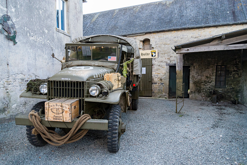 Sainte Marie du Mont, France - April 5, 2015: Collectible old WW2 US vehicles in Sainte Marie du Mont, Normandy, France