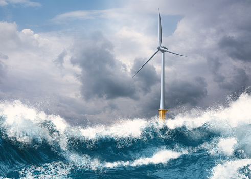 Modern mega offshore wind turbine in rough stormy sea delivering clean sustainable energy power for a better environment and abolish oil and other fossil fuels, 3d render.