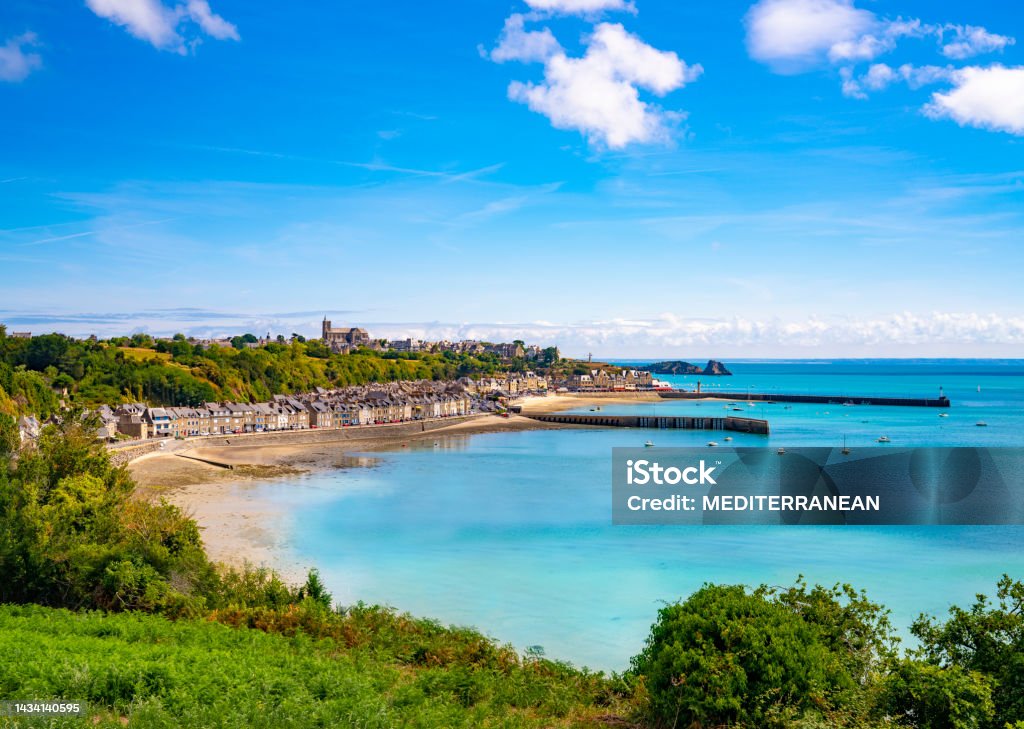 Cancale french Bretagne Brittany picturesque village skyline in France Cancale french Bretagne Brittany picturesque village in France skyline aerial view, famous for the seafood and oysters Brittany - France Stock Photo
