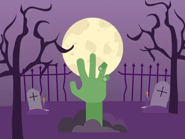 Vector illustration of Zombie hand coming out of a grave in a creepy graveyard