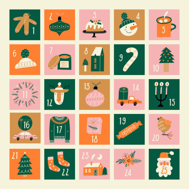 ilustraciones, imágenes clip art, dibujos animados e iconos de stock de conjunto de ilustraciones del calendario de adviento de navidad. - calendario adviento