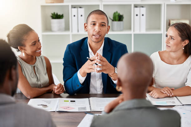 istock Leadership, ceo or b2b with teamwork, collaboration and planning with meeting for vision and mission for company. Business meeting with conversation in office for strategy, growth and development 1434141926