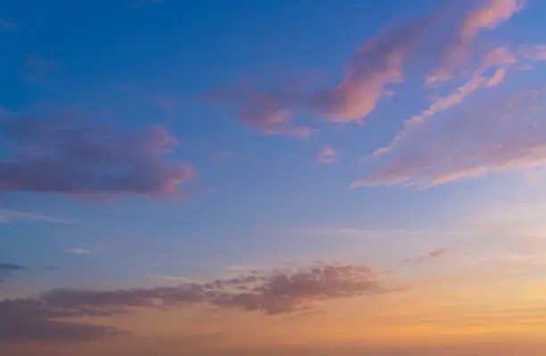 Sunset sky with blue and golden orange colors at dusk background