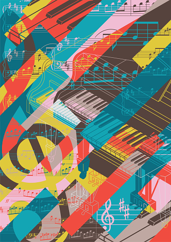 Classical music collage background abstract design with grand piano, piano keyboard, violin key, notes, and sheet music. Flat design (no gradients, or transparencies used).