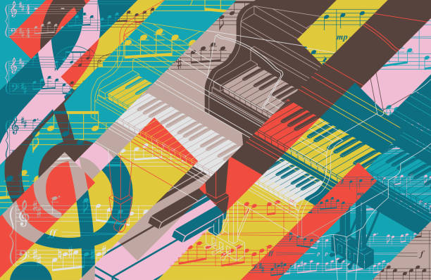 ilustrações, clipart, desenhos animados e ícones de pôster do concerto de fundo do concerto de colagem de música clássica de piano de cauda solo - sheet music illustrations