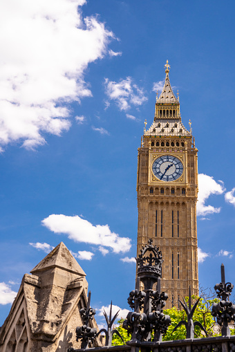 London Big Ben in Westminster on a sunny blue sky day in summer perspective at UK Great Britain United Kingdom