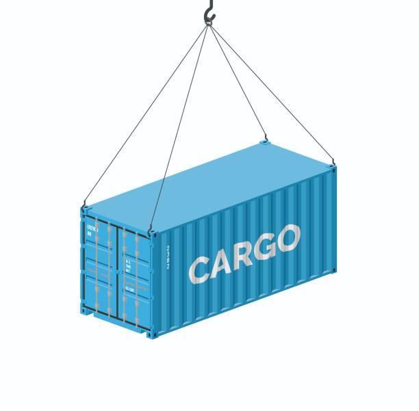 illustrations, cliparts, dessins animés et icônes de conteneur maritime accroché à un crochet de grue isolé sur blanc - récipient