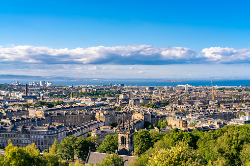 Edinburgh aerial skyline from Calton Hill with Northern sea views. Edinburgh is the capital city of Scotland UK United Kingdom
