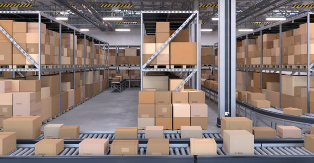 istock Merchandise, goods and boxes stored on shelves in a distribution warehouse 1434146604