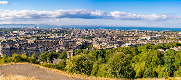Edinburgh aerial skyline from Calton Hill with Northern sea views. Edinburgh is the capital city of Scotland UK United Kingdom