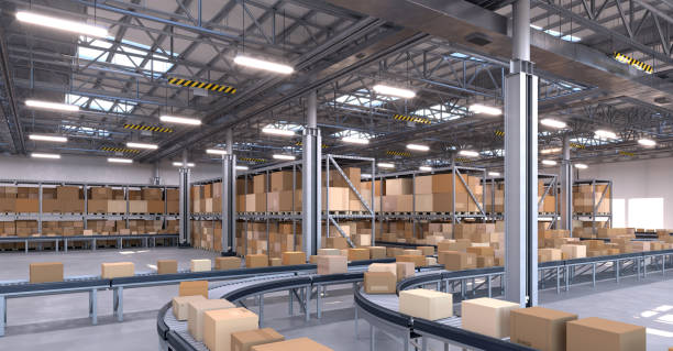 istock Conveyor belts transporting boxes in a large warehouse full of merchandise 1434146641
