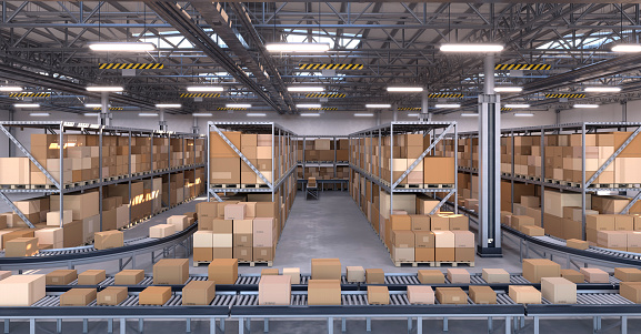 Large distribution warehouse full of merchandise and boxes stored on shelves and ready to be shipped as they move on conveyor belts. Organization and efficiency. Digitally generated image.