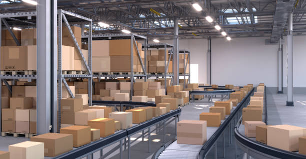 istock Warehouse full of shipping boxes on conveyor belts 1434147099
