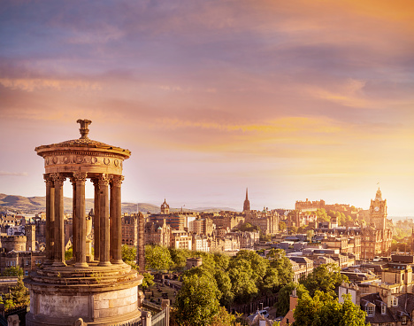 Edinburgh at sunset aerial skyline from Calton Hill capital city of Scotland UK United Kingdom