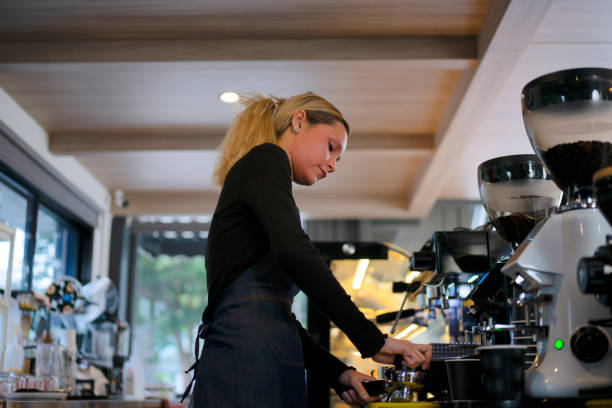 istock Young entrepreneur works at coffee cafe. 1434147868