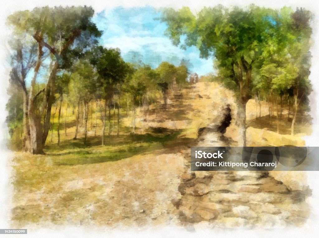 Điểm nhấn trong bức tranh này là lối đi bằng đá lên núi rất độc đáo và ấn tượng. Hãy ngắm nhìn một phong cảnh hoang sơ, hùng vĩ chỉ có trên các núi đá núi non, qua bức tranh này.