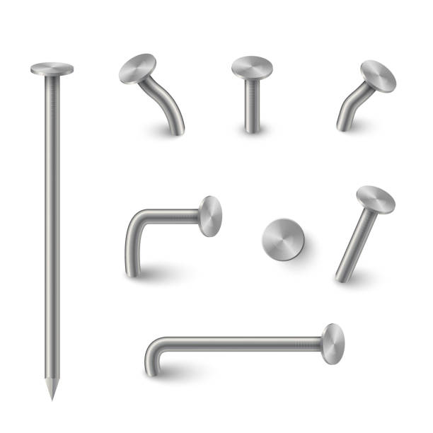 3d 철 네일 세트, 원형 머리가있는 금속 핀, 직선 및 구부러진 강철 하드웨어 스파이크 - spiked stock illustrations