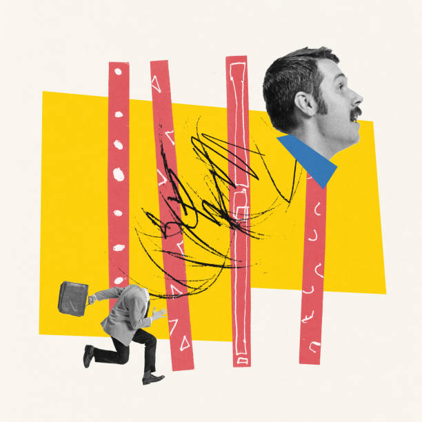 istock Contemporary art collage. Creative design with businessman having his head on string and running forward 1434150955