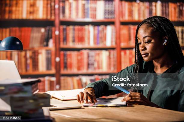 Young Student Highlight Notes While Studying In A Library Stock Photo - Download Image Now