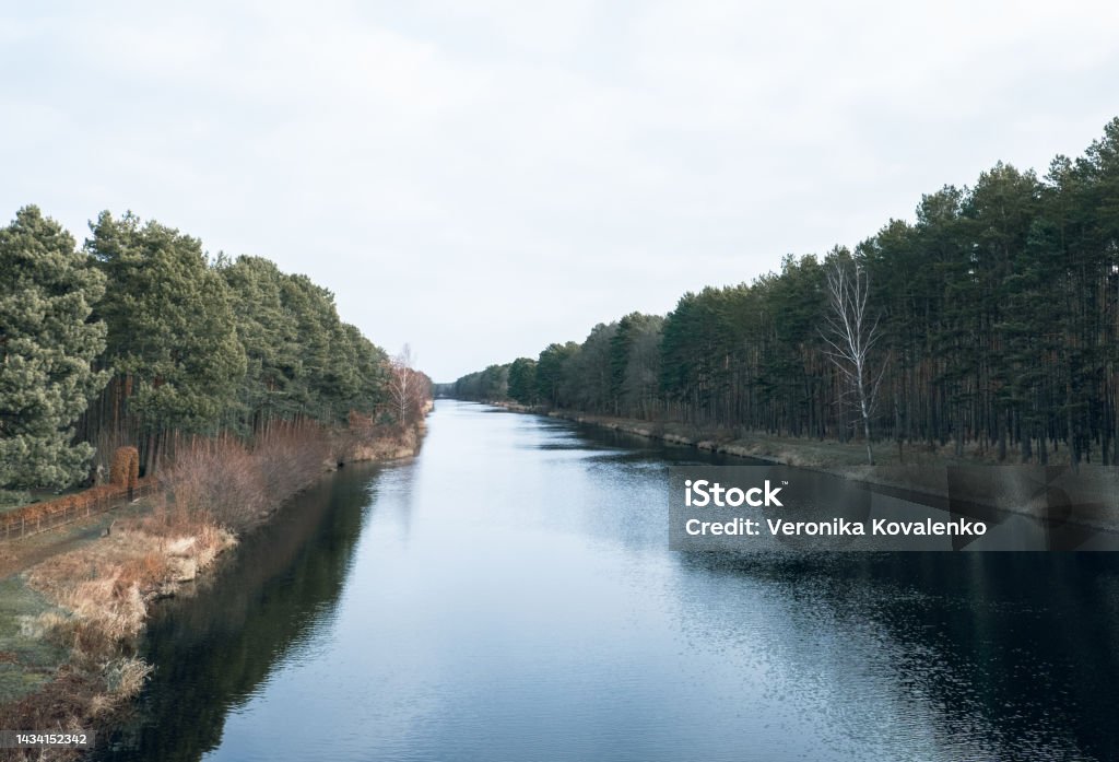 winter river landscape Calm still water of Havel river in Eastern Germany in winter Autumn Stock Photo