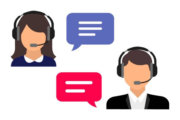 usługa wsparcia. call center. męski i żeński awatar ze słuchawkami i mikrofonem. asystent online call center. dymki koncepcyjne obsługi klienta i komunikacji. pomoc i wsparcie - headset receptionist support telephone stock illustrations