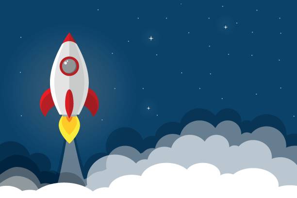 Rocket launch. Rocket with space and stars on blue background. Vector rocket image, spaceship. New project start up concept. Creative idea. Concept of business product on a market Rocket launch. Rocket with space and stars on blue background. Vector rocket image, spaceship. New project start up concept. Creative idea. Concept of business product on a market Missile stock illustrations