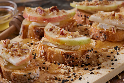 Apple and Brie Crostini with Organic Honey and Pecans
