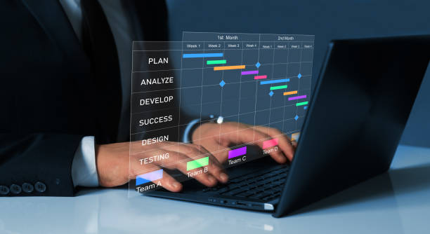istock Project manager working on laptop and updating tasks and milestones progress planning with Gantt chart scheduling interface for company on virtual screen.Business Data Management System. 1434156641
