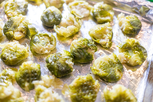 Oil Drizzled Brussel Sprouts with Seasoning ready to be baked in the oven, Macro

Shot on R5