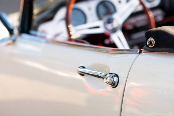 vintage convertible car - shiny chrome car vehicle door imagens e fotografias de stock