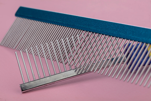 Tool for the groomer. Set of different combs for pet hair care on a white background.