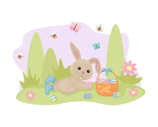 Vector illustration of Easter bunny. A cute rabbit is lying with a basket of Easter eggs. April. Cartoon rabbit. Vector illustration
