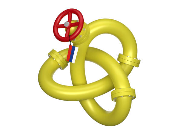 Natural Gas Pipes On White Background With Russian Flag. Energy Crisis Concept.