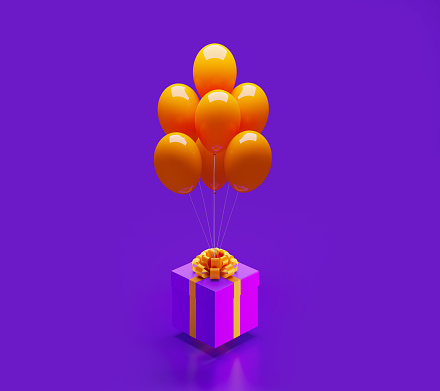 Purple gift box tied with yellow ribbon is about to be carried away by yellow balloons on purple background. Vertical composition with copy space, Great use for Black Friday and Cyber Monday related gift concepts.