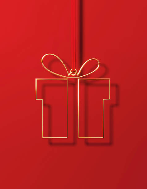 forme de boîte cadeau de couleur or sur fond rouge - gift box christmas present birthday present three dimensional photos et images de collection