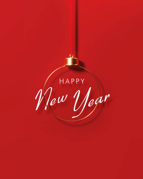 istock Happy New Year Message Behind Gold Colored Bauble On Red Background 1434161742