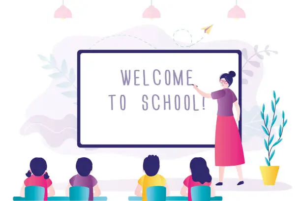 Vector illustration of Little children came to first lesson at school. Teacher welcomes new students of lower grades