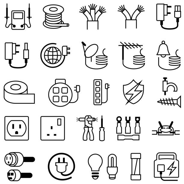 Electrical Repair Tools And Equipment Outline Icons Single color isolated outline icons of electrical repair products gang socket stock illustrations