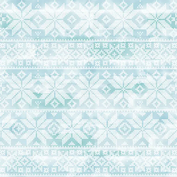 Vector illustration of Abstract winter seamless pattern on blue watercolor background. Scandinavian theme. Geometric decor of polka dots.Perfect for design templates, wallpaper, wrapping, fabric and textile.