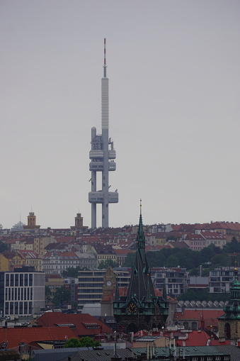 A view of the Zizkov television tower from the tower of Prague's old town hall
