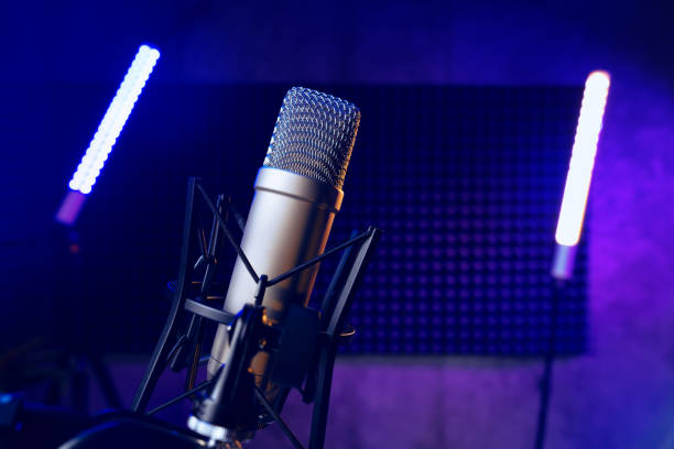 istock Close up of professional microphone in recording studio 1434167331