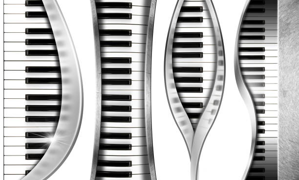 Collection of four piano keyboards with metal curve frames, isolated on white background. Photography and 3D illustration.
