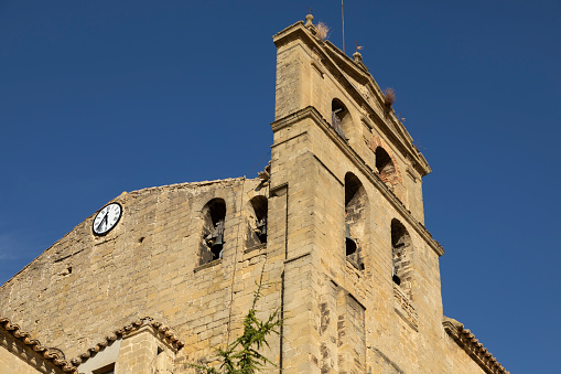 Dome and bell tower of the church, landmark, San Salvador, in Luesia, Aragon, Spain