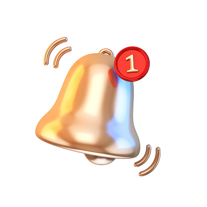 3d renderNotification Bell Metallic, 1 notification isolated on red counter, social media, reminder bell, number 1 (isolated and clipping path)